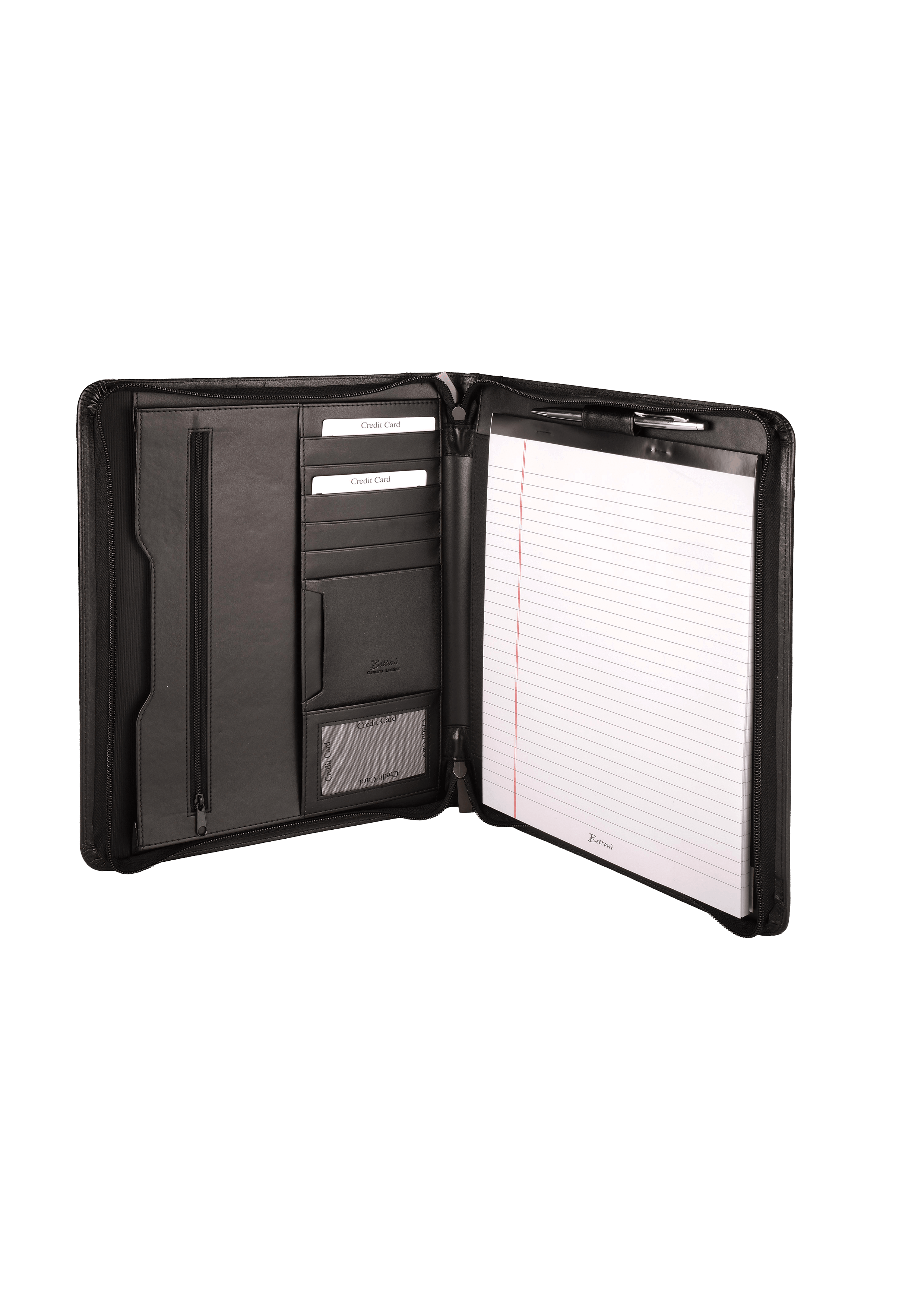 Open black leather document holder with credit card slots, zipper pocket, pen, and lined notepad