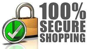 Lock icon with a green check mark and '100% Secure Shopping' text on a white background