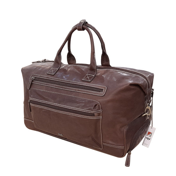 Brown leather duffel bag with multiple zippers on a white background
