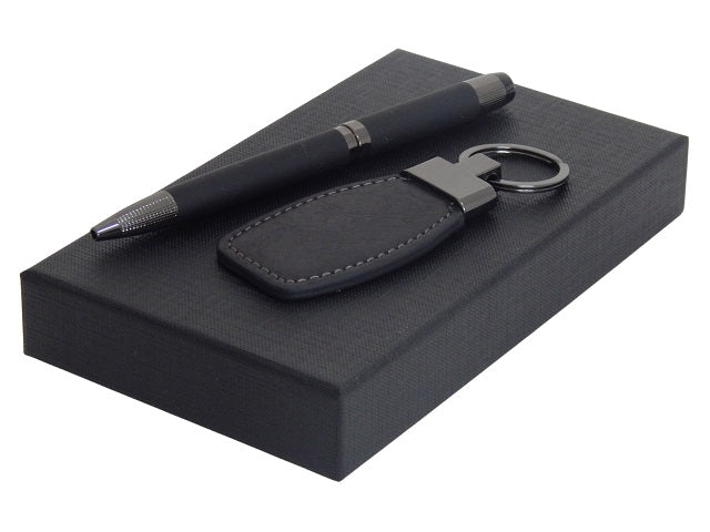 Genuine Leather Key Ring & Avanti Pen Gift Set - Black | MIRELLE