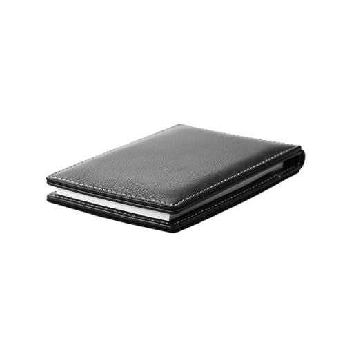 A black textured leather bifold wallet with white contrast stitching, shown closed on a plain white background.