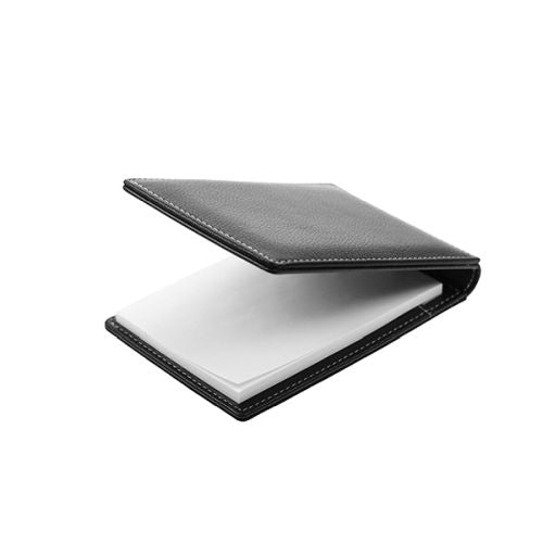 A black textured leather bifold wallet shown open, displaying its black exterior and white interior lining, set against a plain white background.