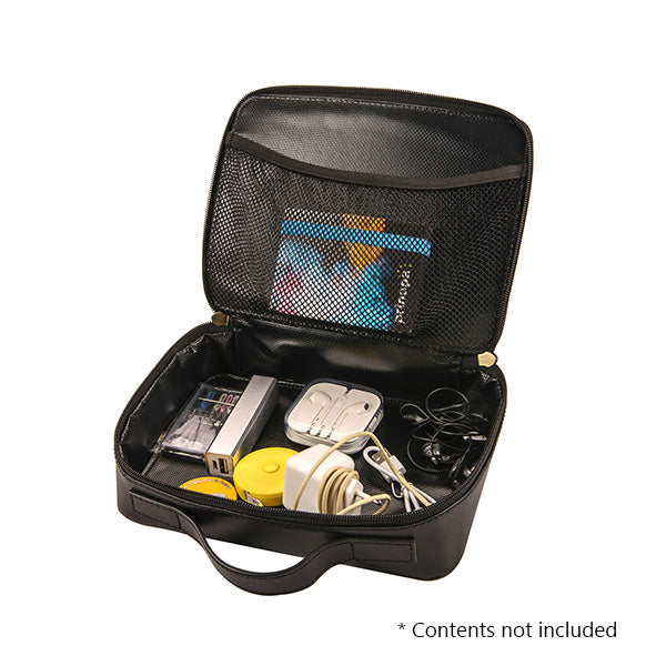 Black travel organizer with electronic devices and cables on a white background