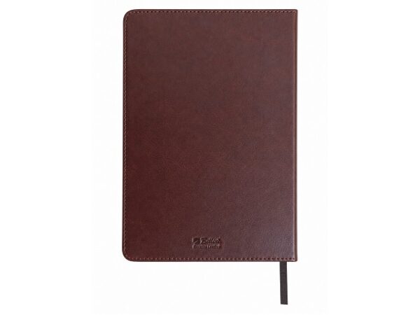 A dark brown leather notebook or planner cover with a small debossed logo near the bottom and a black ribbon bookmark hanging from the right edge, shown on a plain white background.