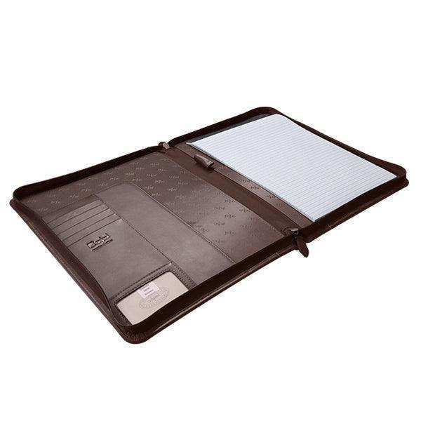 Brown leather portfolio with a notepad on a white background