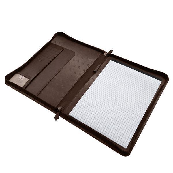 Brown leather portfolio with a lined notepad on a white background
