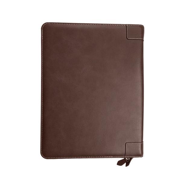 Brown leather folio case on a white background
