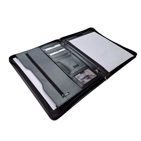 A4 Genuine Leather Zip Around Executive Folio Folder - Black - MIRELLE Leather and Lifestyle