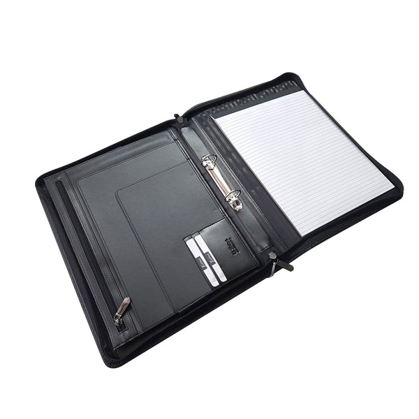 A4 Genuine Leather Zip Folder with Ring Binder and Handle - Black | MIRELLE ZA Folder Mirelle Leather and Lifestyle