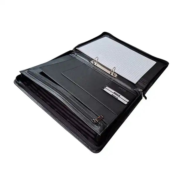 A4 Genuine Leather Zip Folder with Ring Binder and Handle - Black | MIRELLE - South Africa - Mirelle Leather and Lifestyle