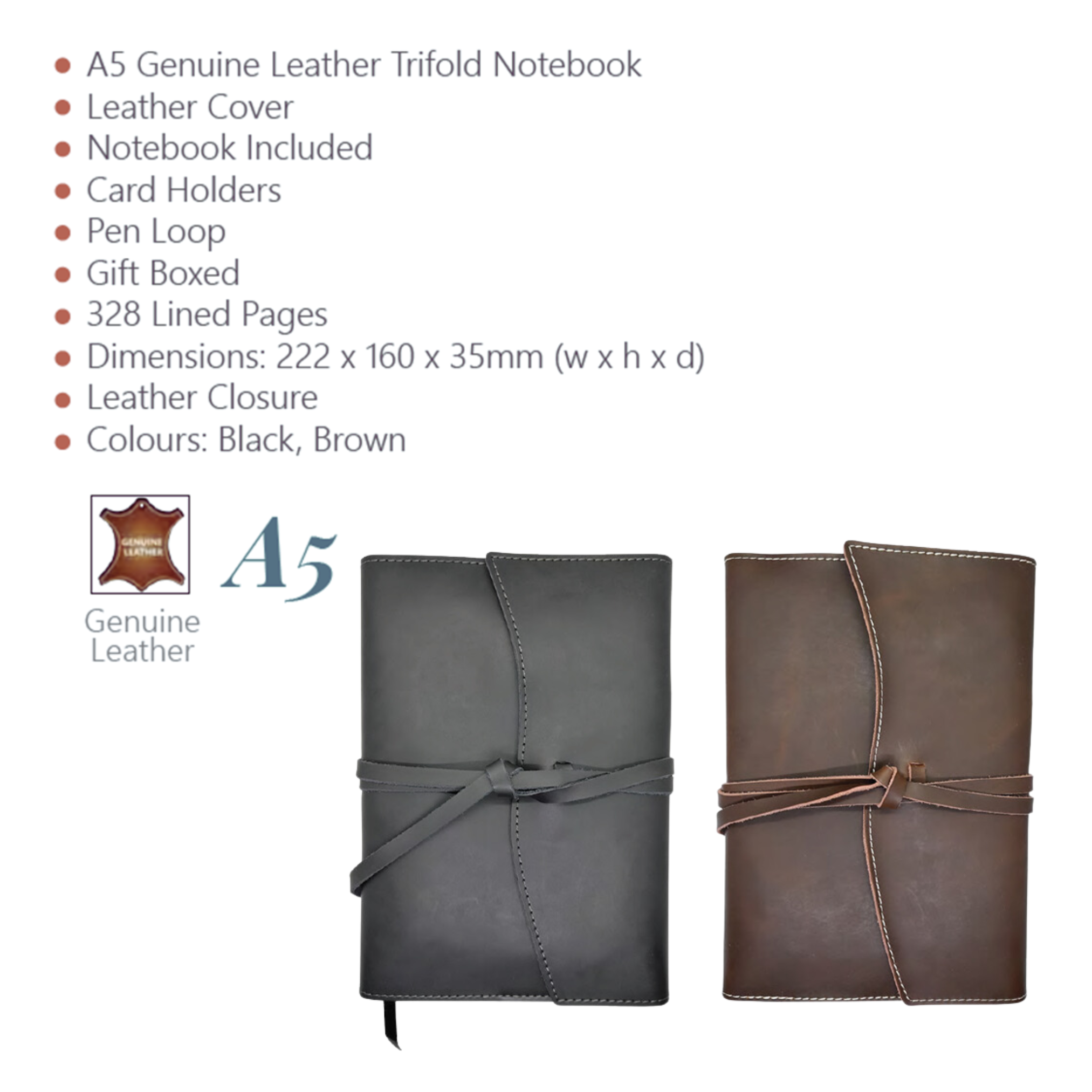 A5 Genuine Leather Trifold Slip On Notebook Cover and Notebook ZA Folder Mirelle Leather and Lifestyle
