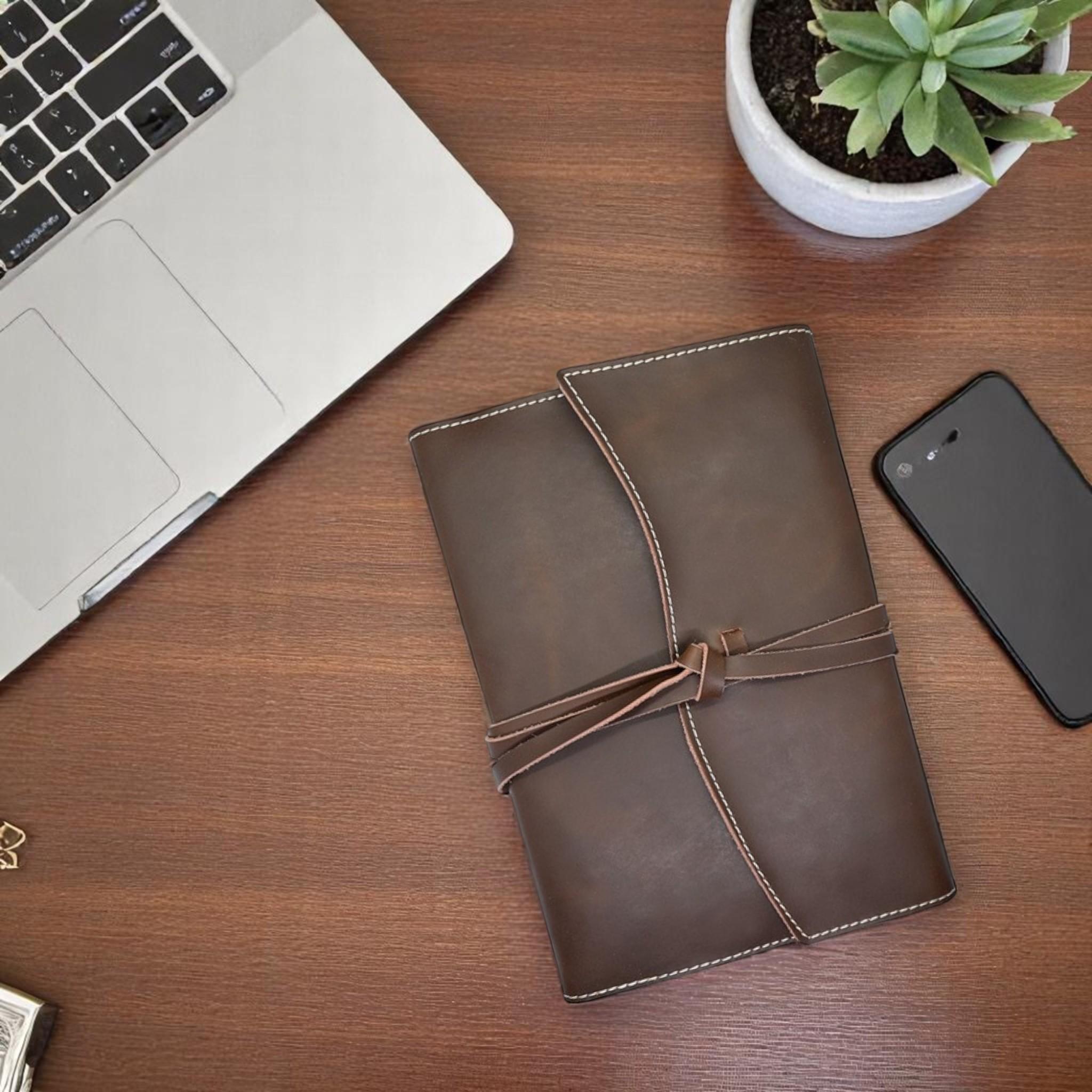 A5 Genuine Leather Trifold Slip On Notebook Cover and Notebook - Brown | MIRELLE Mirelle Leather and Lifestyle