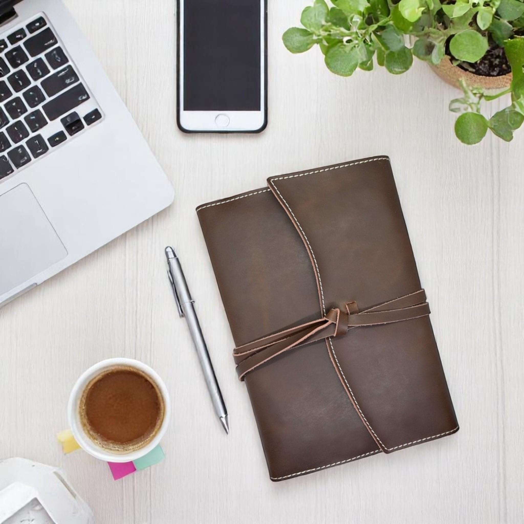 A5 Genuine Leather Trifold Slip On Notebook Cover and Notebook - Brown | MIRELLE Mirelle Leather and Lifestyle