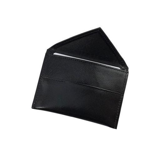 A black genuine leather business card holder with flap closure.