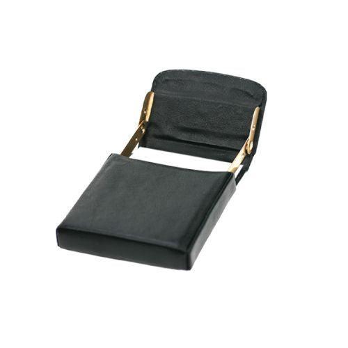 A black genuine leather flip-up business card holder with a moulded frame.
