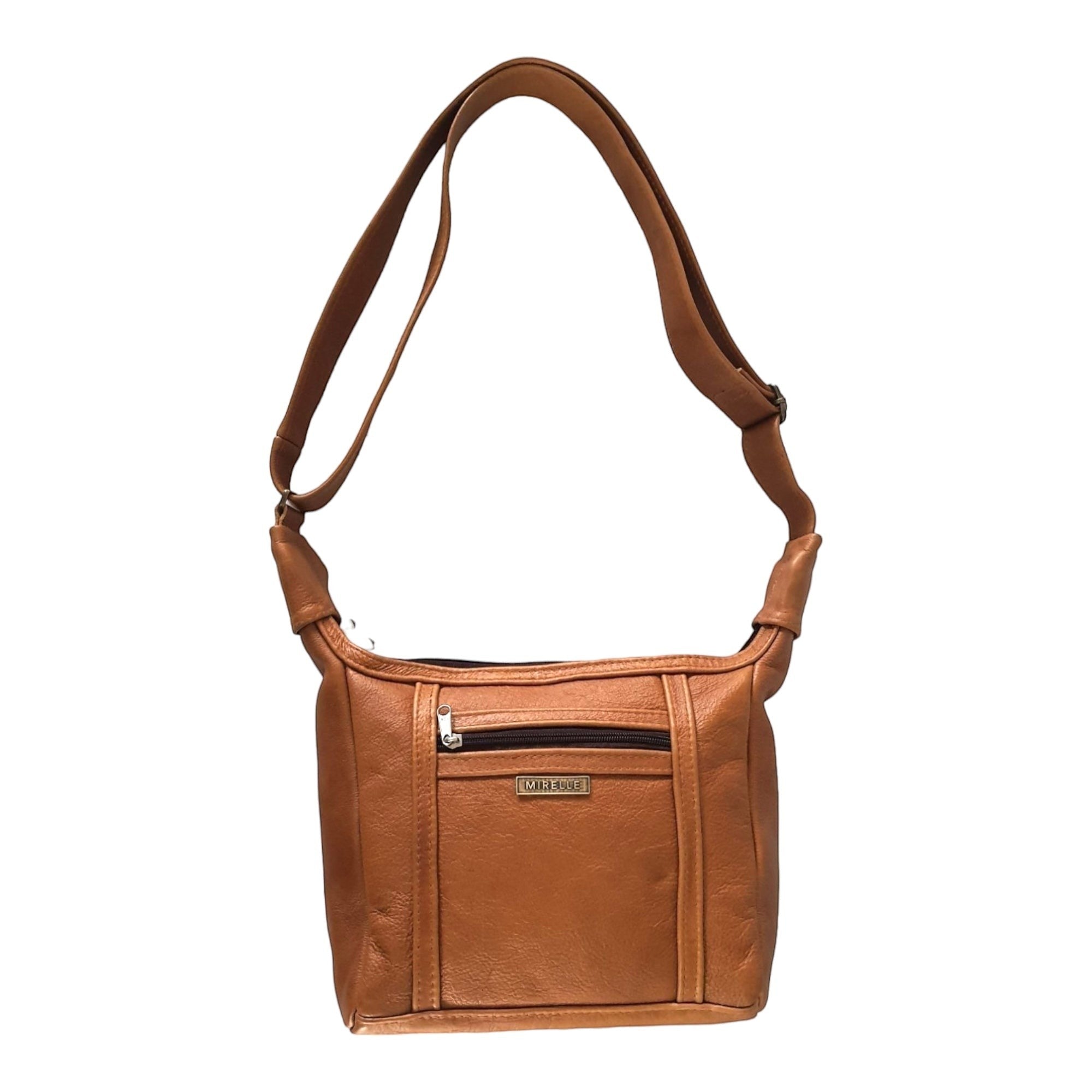 Mirelle brown genuine leather adjustable shoulder handbag with multiple zipped compartments and top stitching detail.