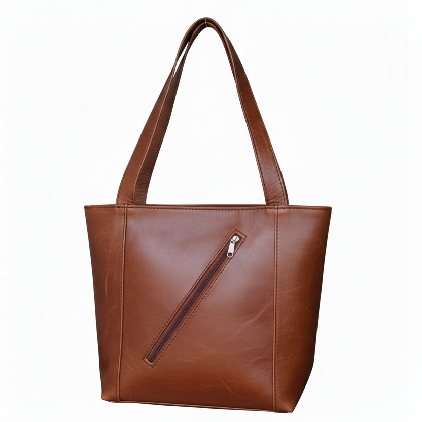 Brown leather tote bag with a zipper on a white background