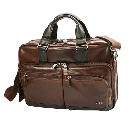 Brown leather briefcase with multiple compartments on a white background