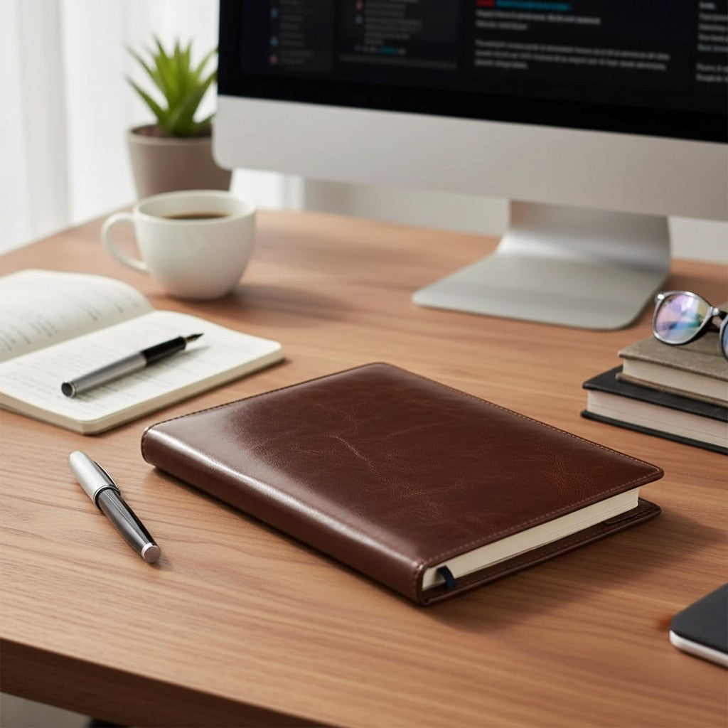Mirelle brown leather A5 notebook cover with pen loop and refillable notebook. Professional executive style.