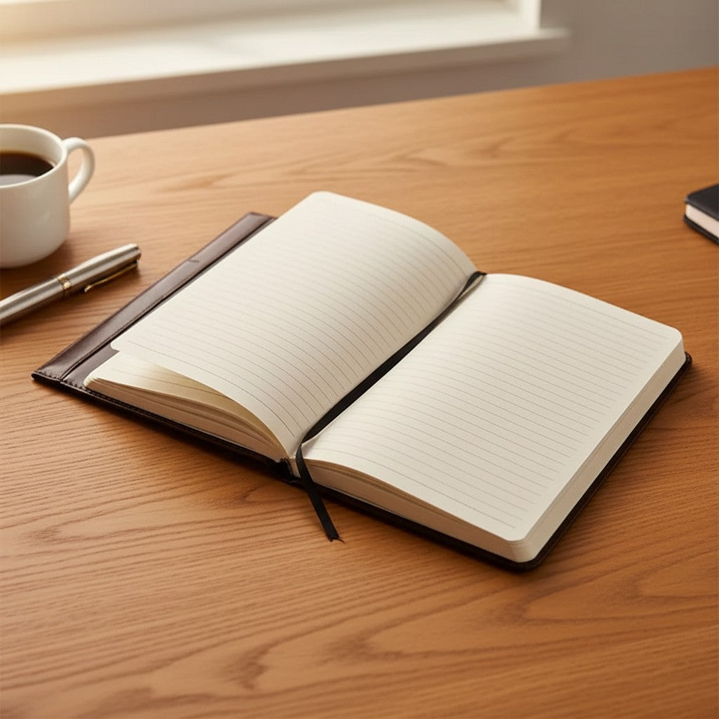 Mirelle brown leather A5 notebook cover with a refillable lined notebook and black ribbon bookmark.