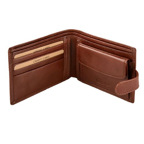 Leather Wallet With Coin Pouch and Tab Closure - Brown | MIRELLE
