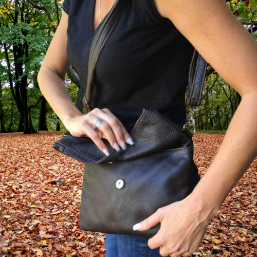 Mirelle Genuine Leather Fold Over Messenger Handbag - Black - MIRELLE Leather and Lifestyle