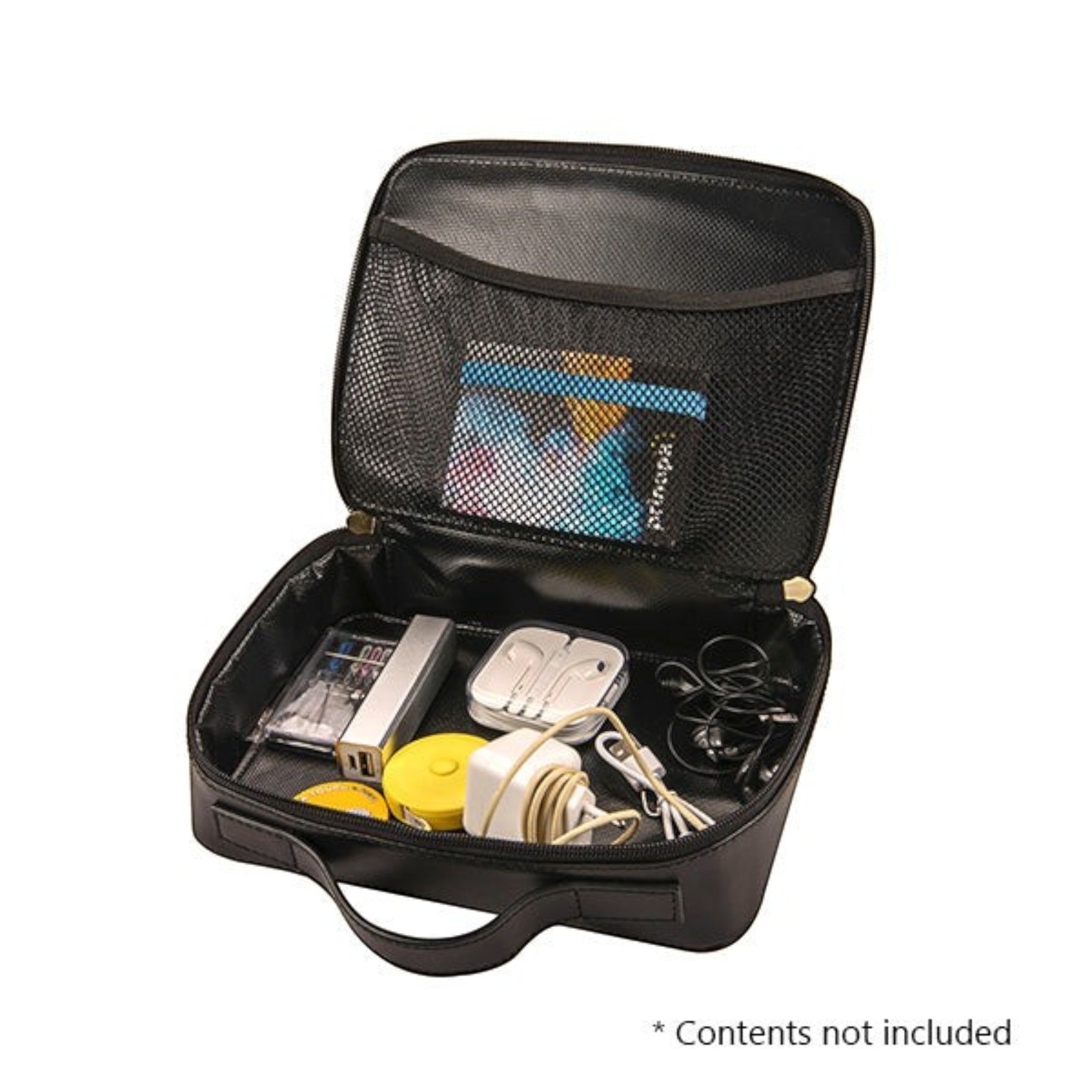 Mirelle Leather and Lifestyle black leather utility bag with top zip, internal mesh pocket, and front carry handle.