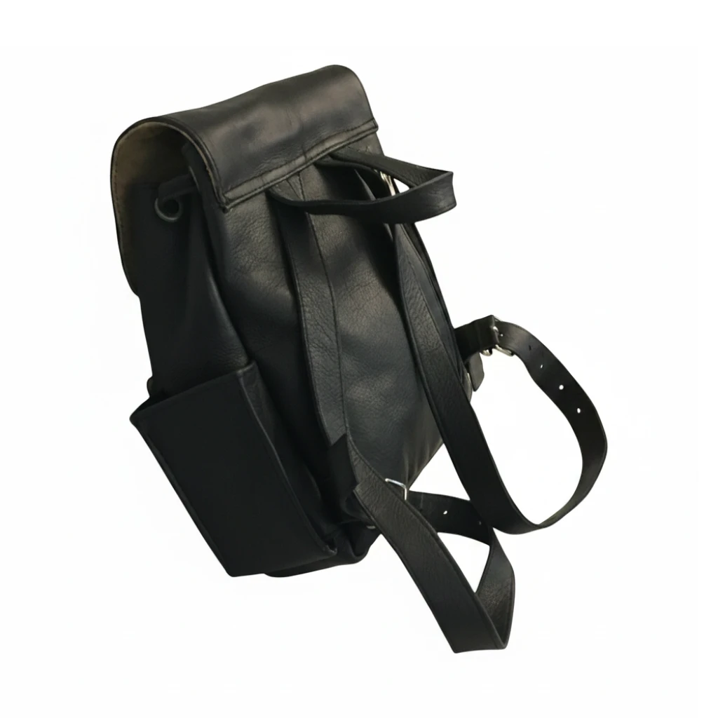 Mirelle Leather and Lifestyle black genuine leather backpack with drawstring closure, adjustable straps, and exterior pockets.