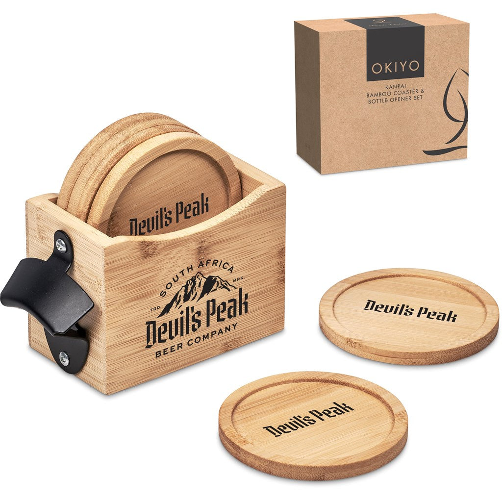 Okiyo Kanpai Bamboo Coaster & Bottle Opener Set Mirelle Leather and Lifestyle