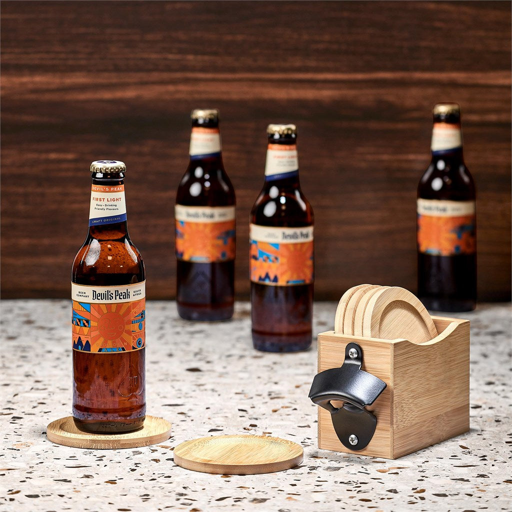 Okiyo Kanpai Bamboo Coaster & Bottle Opener Set Mirelle Leather and Lifestyle