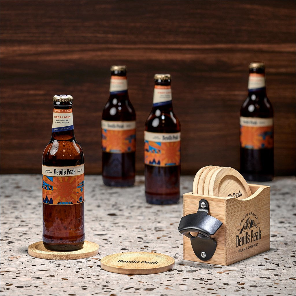Okiyo Kanpai Bamboo Coaster & Bottle Opener Set Mirelle Leather and Lifestyle
