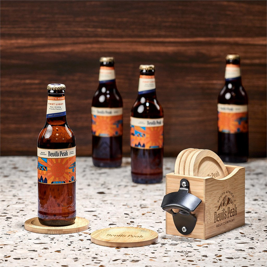 Okiyo Kanpai Bamboo Coaster & Bottle Opener Set Mirelle Leather and Lifestyle