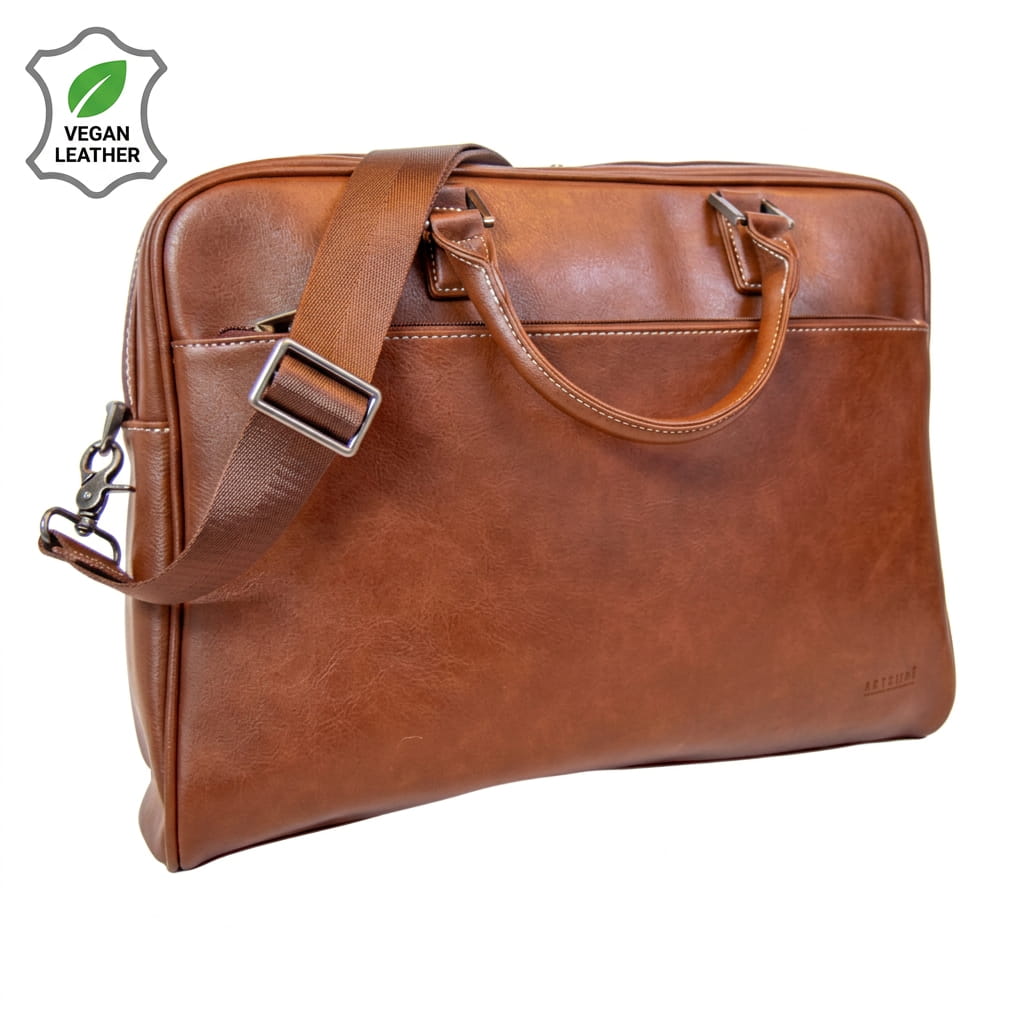 Vegan Leather 15.4-inch Laptop Bag with Strap - Brown | MIRELLE