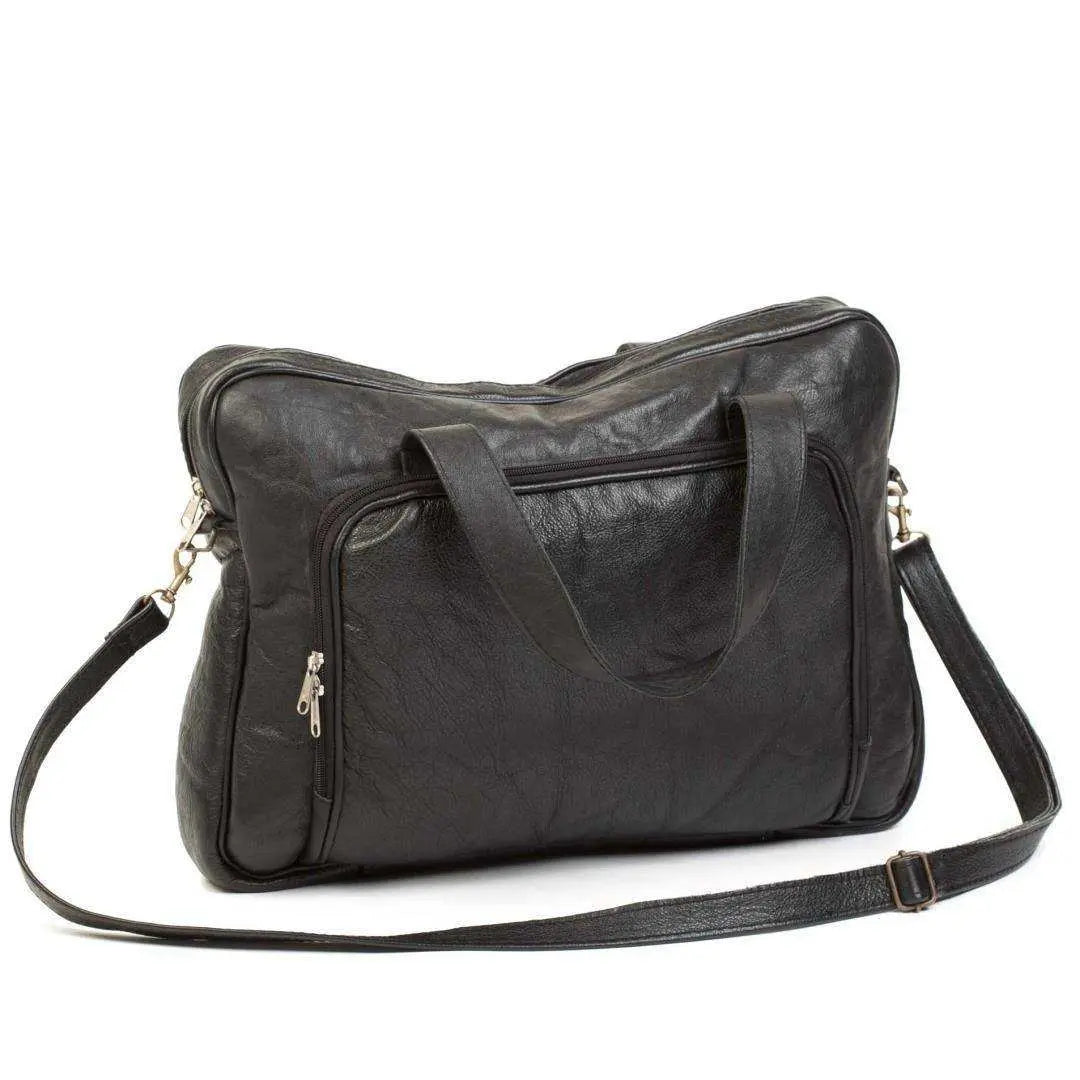 Black genuine leather laptop bag with front zipper pocket and detachable shoulder strap by Mirelle Leather and Lifestyle