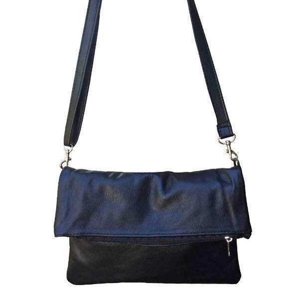 Mirelle Genuine Leather Fold Over Messenger Handbag - Black - MIRELLE Leather and Lifestyle