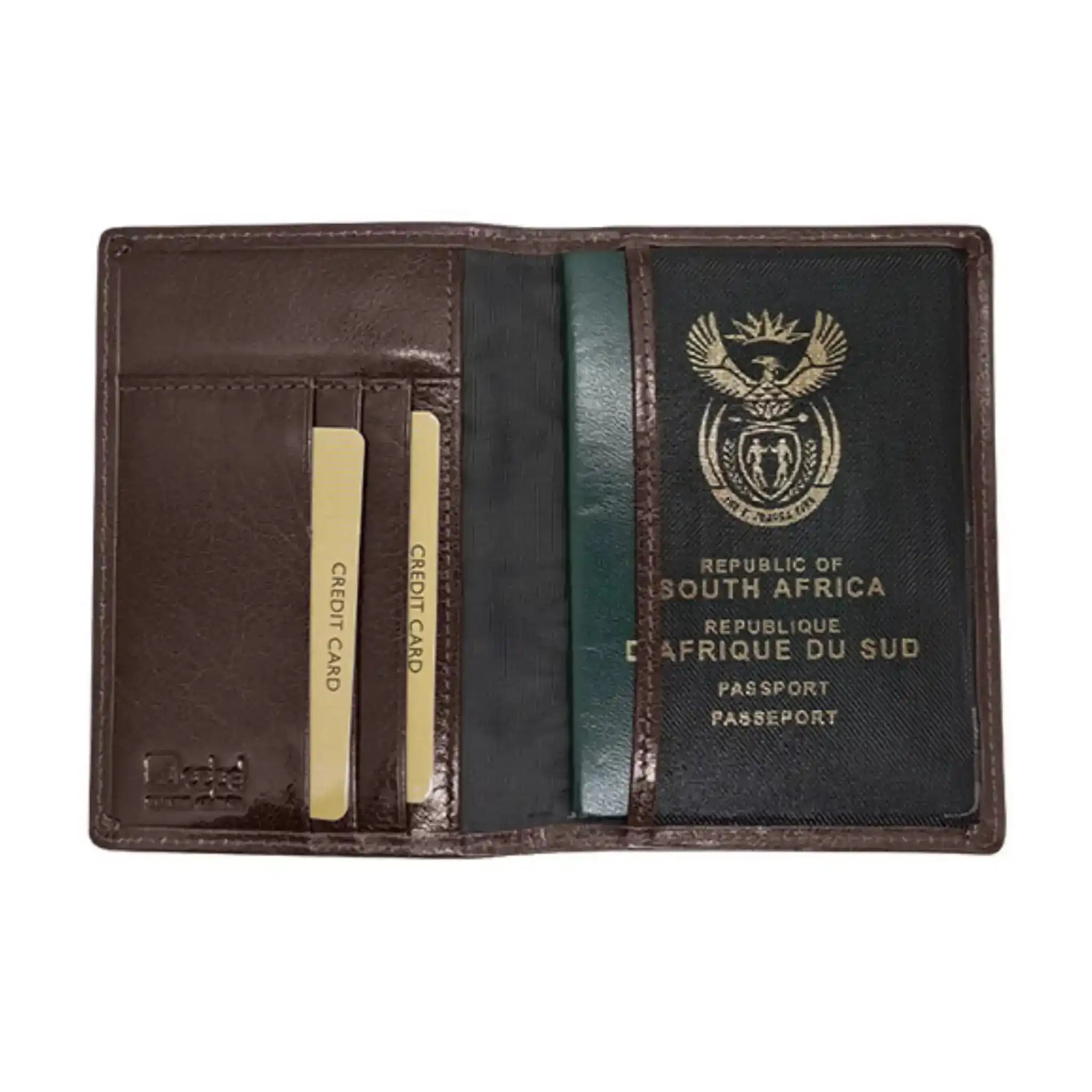 Open brown leather passport holder with South African passport and two credit cards inside
