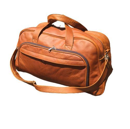 Mirelle genuine leather travel and duffel bag in tan with front zip pocket and shoulder strap