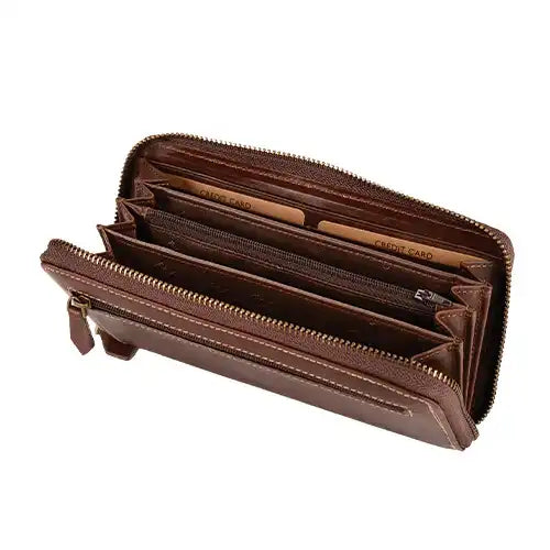 Open brown genuine leather wallet with multiple card slots and zipper compartments by Mirelle Leather