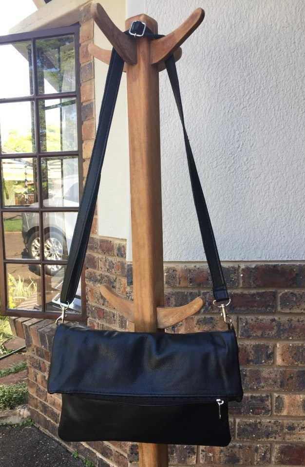 Mirelle Genuine Leather Fold Over Messenger Handbag - Black
