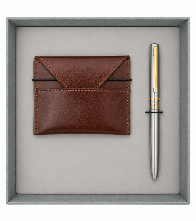 Genuine Leather Card Holder & Pen Gift Set - Brown | MIRELLE