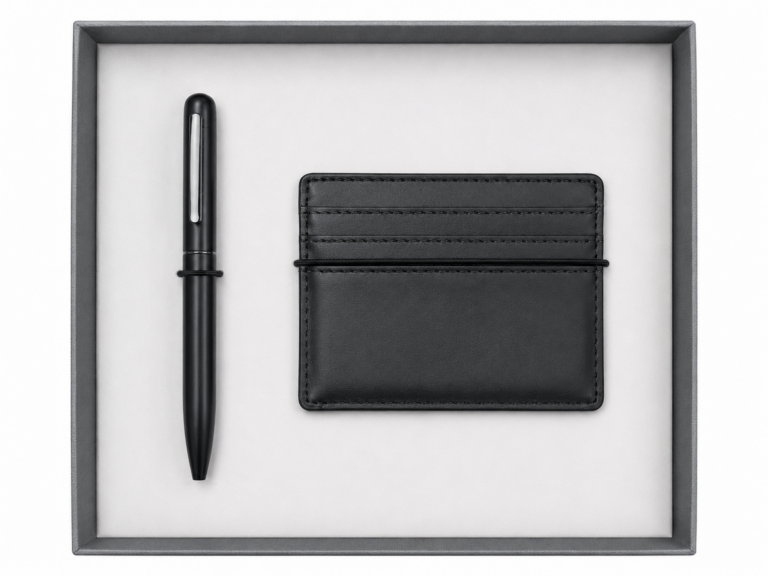 Leather Credit Card Holder & Pen Set - Black | MIRELLE