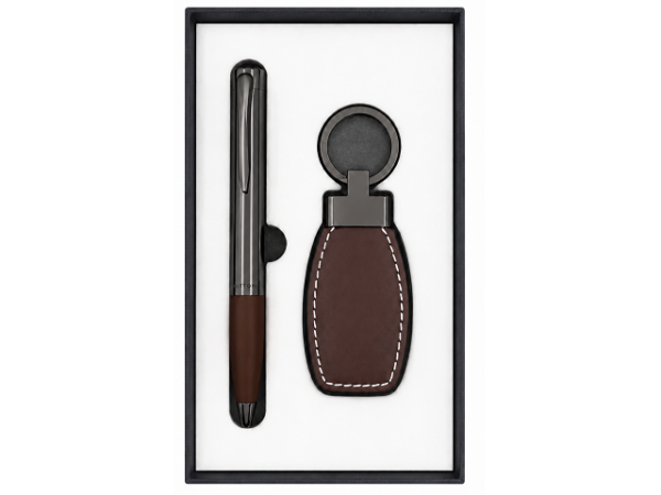 Genuine Leather Key Ring & Mirage Pen Gift Set - Brown | MIRELLE