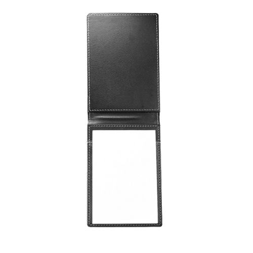 A black leather card holder or ID wallet with a clear plastic ID window, shown open against a plain white background.