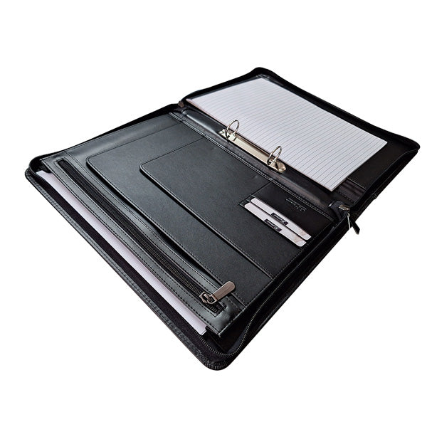 A4 Genuine Leather Zip Folder with Ring Binder and Handle - Black | MIRELLE