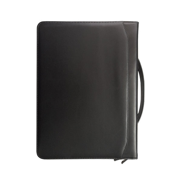 A4 Genuine Leather Zip Folder with Ring Binder and Handle - Black | MIRELLE