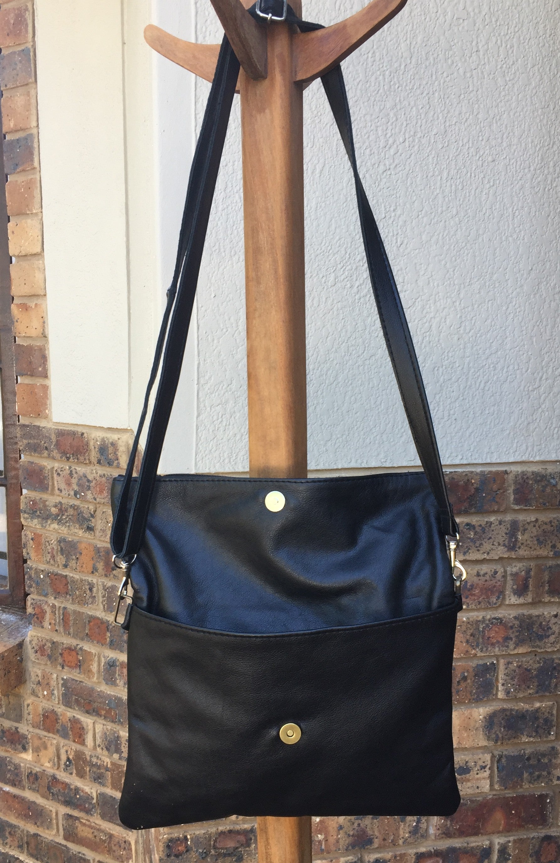Mirelle Genuine Leather Fold Over Messenger Handbag - Black