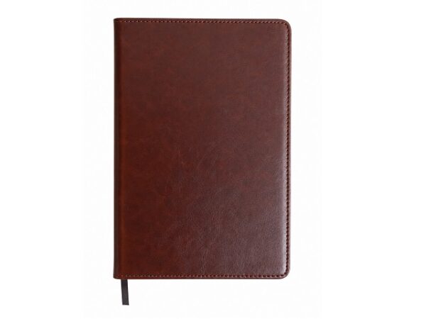 A dark brown leather notebook or journal with visible stitching along the edges and a black ribbon bookmark hanging from the bottom, shown against a plain white background.