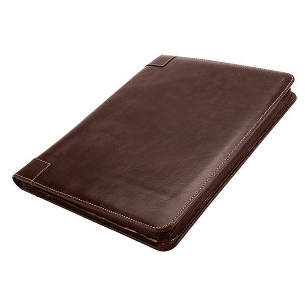 Brown leather folio case on a white background