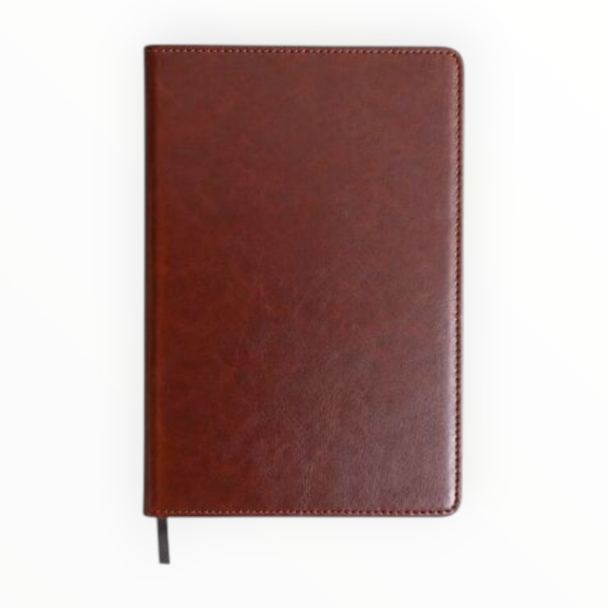 A dark brown leather notebook or journal with visible stitching along the edges and a black ribbon bookmark hanging from the bottom, shown against a plain white background.