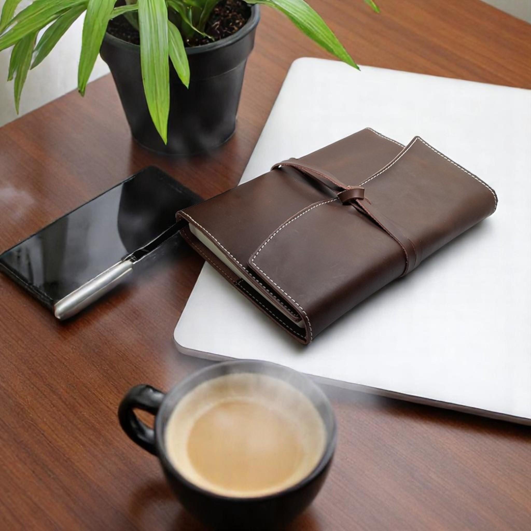 A5 Genuine Leather Trifold Slip On Notebook Cover and Notebook - Brown | MIRELLE Mirelle Leather and Lifestyle